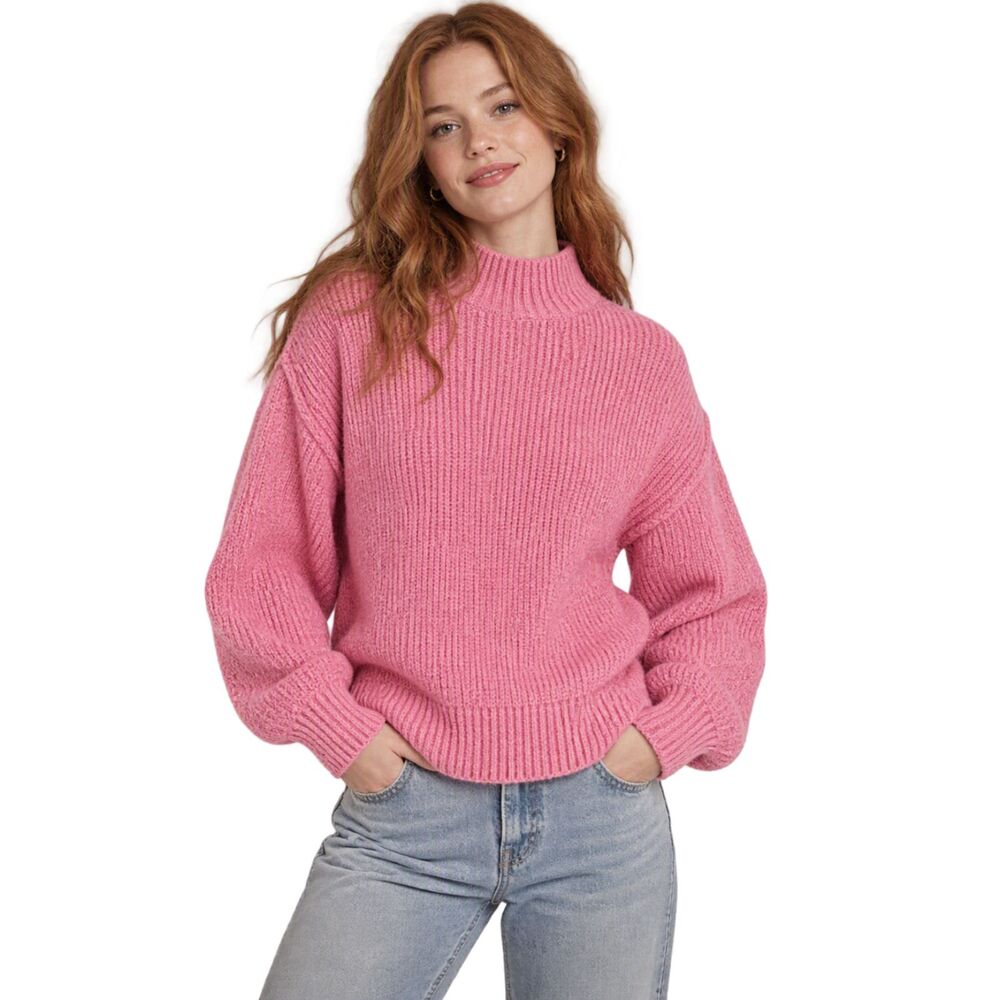 Aerie Pink Mock Neck Chunky Knit Sweater XS Oversized Balloon Sleeve Cozy